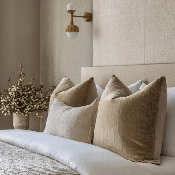 alt="Quarto de design de interiores minimalista e acolhedor em tons neutros, focado na função e rotina dos utilizadores."