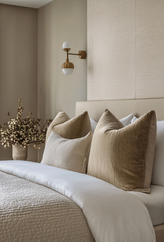 alt="Quarto de design de interiores minimalista e acolhedor em tons neutros, focado na função e rotina dos utilizadores."
