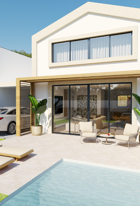 alt="Fachada de vivenda moderna com piscina, área de lazer exterior e garagem. Investimento imobiliário."
