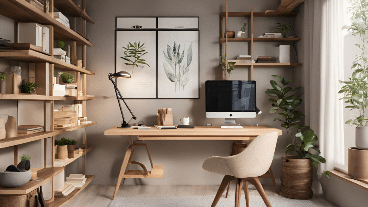 alt="Home office design de interiores madeira clara e plantas funcionais."