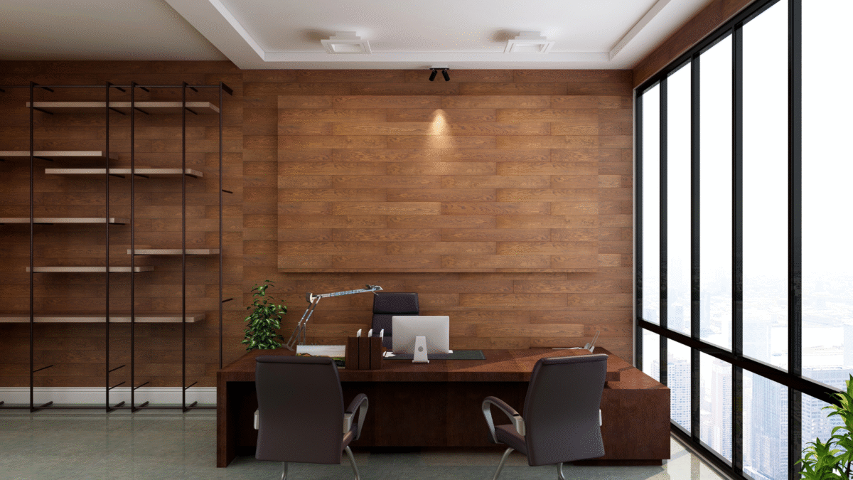 alt="Escritório executivo design de interiores sofisticado madeira escura e vista panorâmica."
