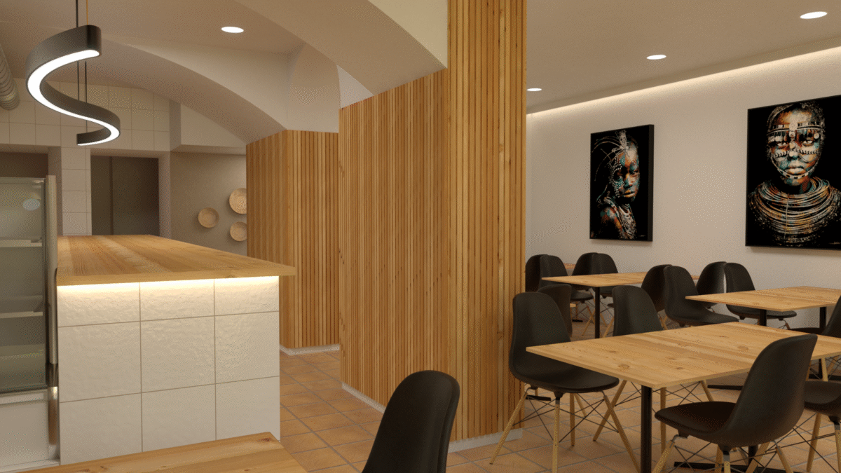 alt="Design de interiores para restauração com painéis de madeira vertical e mesas minimalistas."